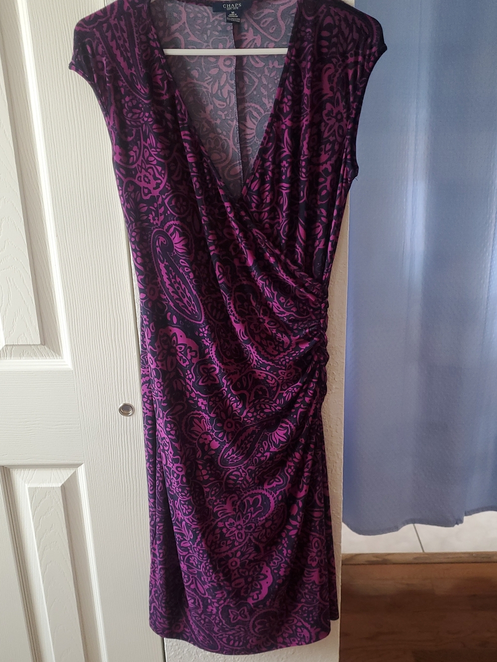 Chaps Purple Paisley Faux-Wrap Midi Dress with Black Accents